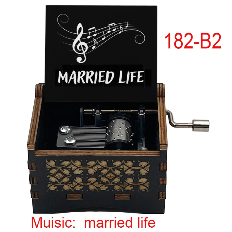 Ročno izdelana lesena glasbena škatlica 'Married Life' – ročno upravljana, omejena izdaja, klasična filmska melodija, popolno darilo za poroko, obletnico ali rojstni dan