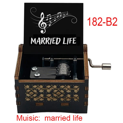Ročno izdelana lesena glasbena škatlica 'Married Life' – ročno upravljana, omejena izdaja, klasična filmska melodija, popolno darilo za poroko, obletnico ali rojstni dan