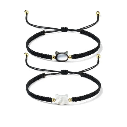 Ročno izdelana zapestnica za pare z obsidijanom in mesečevim kamnom – ljubka črno-bela mačja tematika, idealno darilo za partnerja ali partnerko