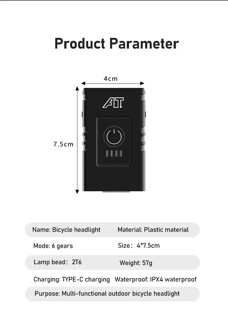 LED prednja kolesarska luč – Type-C polnilna, za gorska in cestna kolesa, enostavna namestitev