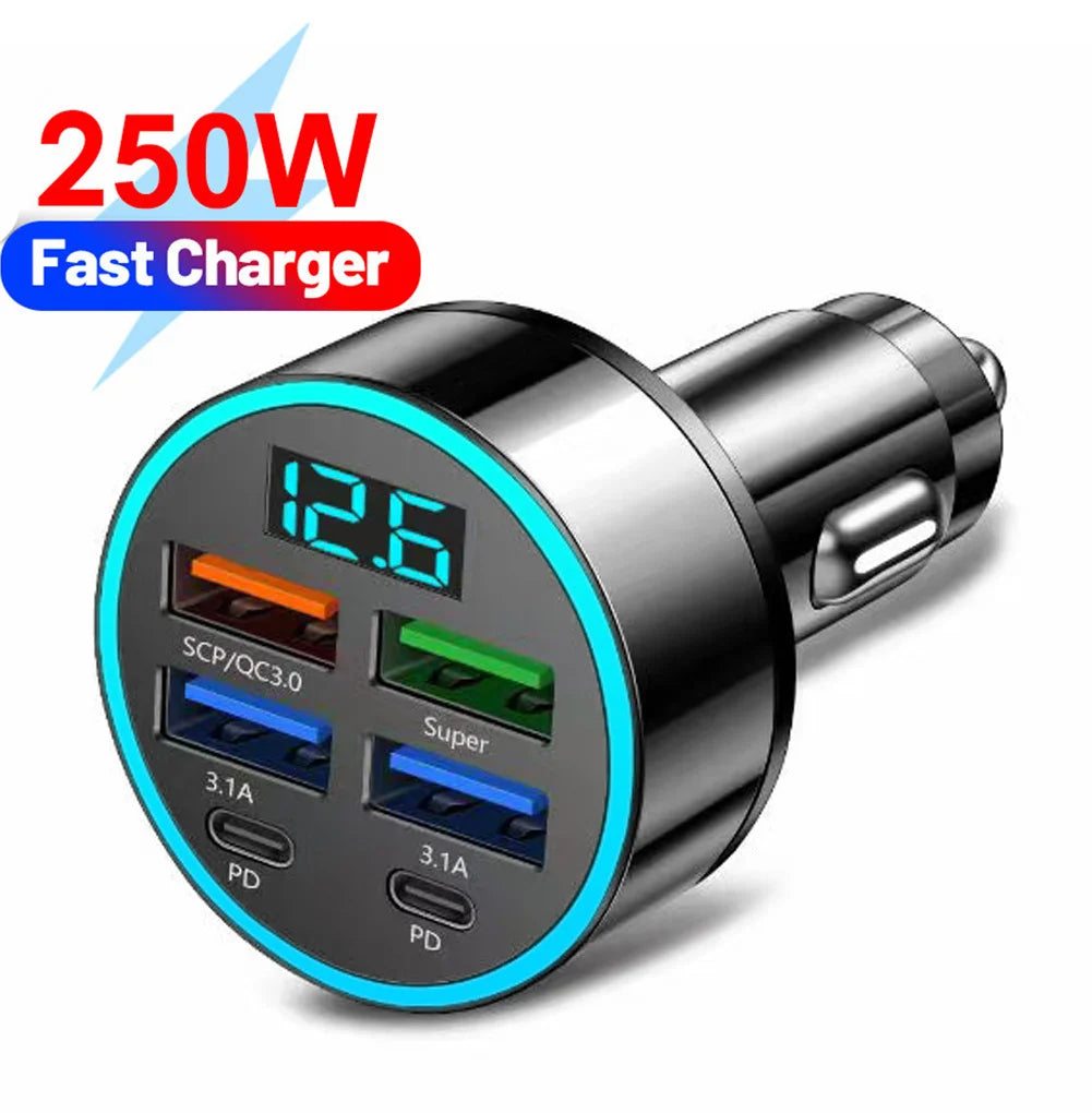250W avto polnilec z 4 USB vhodi – QC3.0, PD Type-C, digitalni prikaz napetosti
