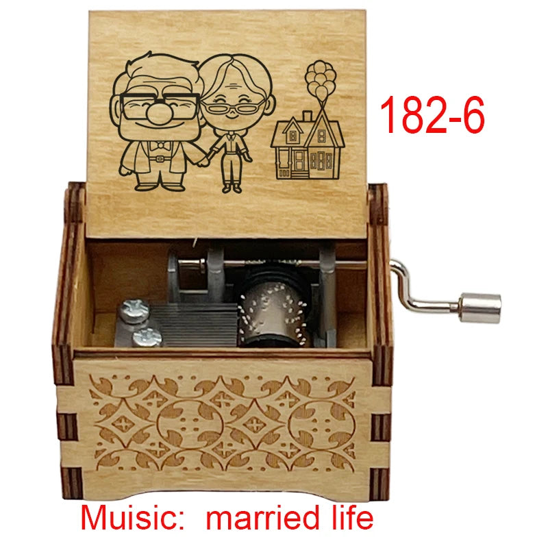 Ročno izdelana lesena glasbena škatlica 'Married Life' – ročno upravljana, omejena izdaja, klasična filmska melodija, popolno darilo za poroko, obletnico ali rojstni dan