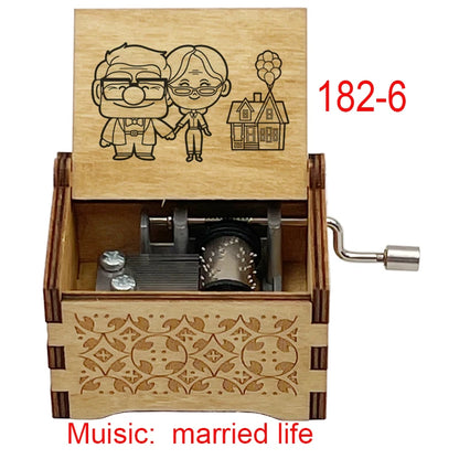 Ročno izdelana lesena glasbena škatlica 'Married Life' – ročno upravljana, omejena izdaja, klasična filmska melodija, popolno darilo za poroko, obletnico ali rojstni dan