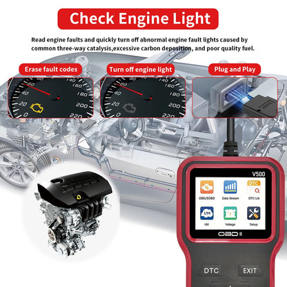 V500 Avtomobilski OBD2 Diagnostični Tester – Bralnik Napak Motorja, Tester Napetosti in Polnjenja, Orodje za Diagnostiko Vozil