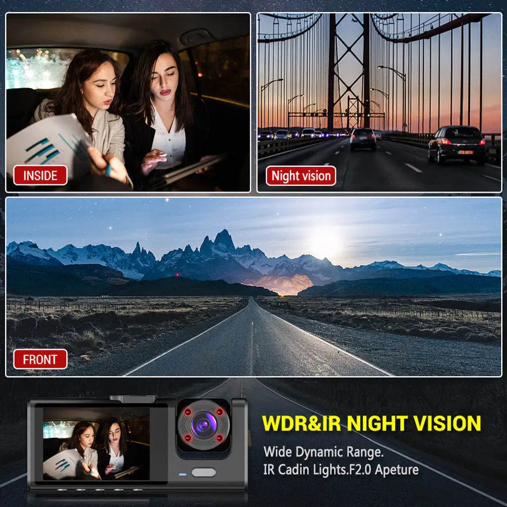 Avto kamera z nočnim IR vidom, zanko snemanja in 2" IPS zaslonom – 1080P, 3 kamere, DVR snemalnik