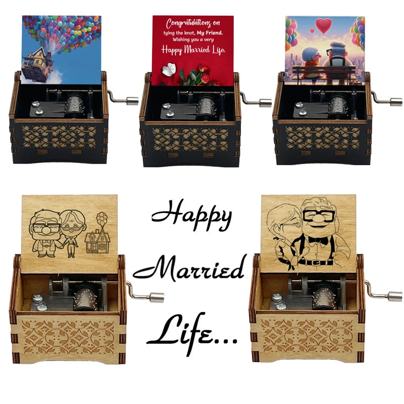 Ročno izdelana lesena glasbena škatlica 'Married Life' – ročno upravljana, omejena izdaja, klasična filmska melodija, popolno darilo za poroko, obletnico ali rojstni dan