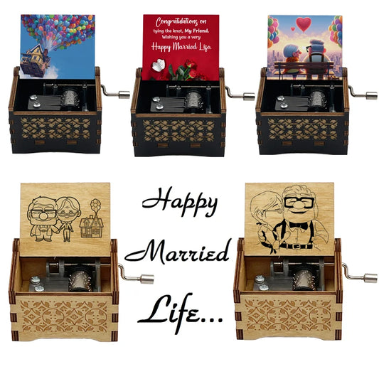 Ročno izdelana lesena glasbena škatlica 'Married Life' – ročno upravljana, omejena izdaja, klasična filmska melodija, popolno darilo za poroko, obletnico ali rojstni dan