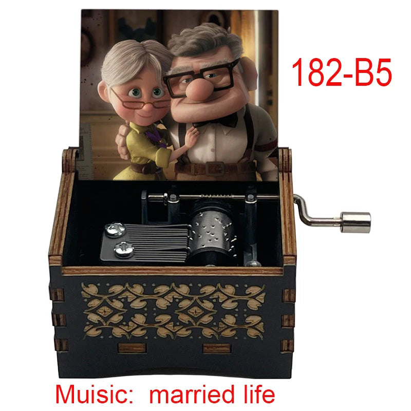 Ročno izdelana lesena glasbena škatlica 'Married Life' – ročno upravljana, omejena izdaja, klasična filmska melodija, popolno darilo za poroko, obletnico ali rojstni dan