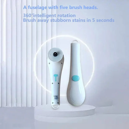 Električna rotacijska čistilna krtača z 5 zamenljivimi glavami – prenosna USB krtača za kopalnico, kuhinjo in dom