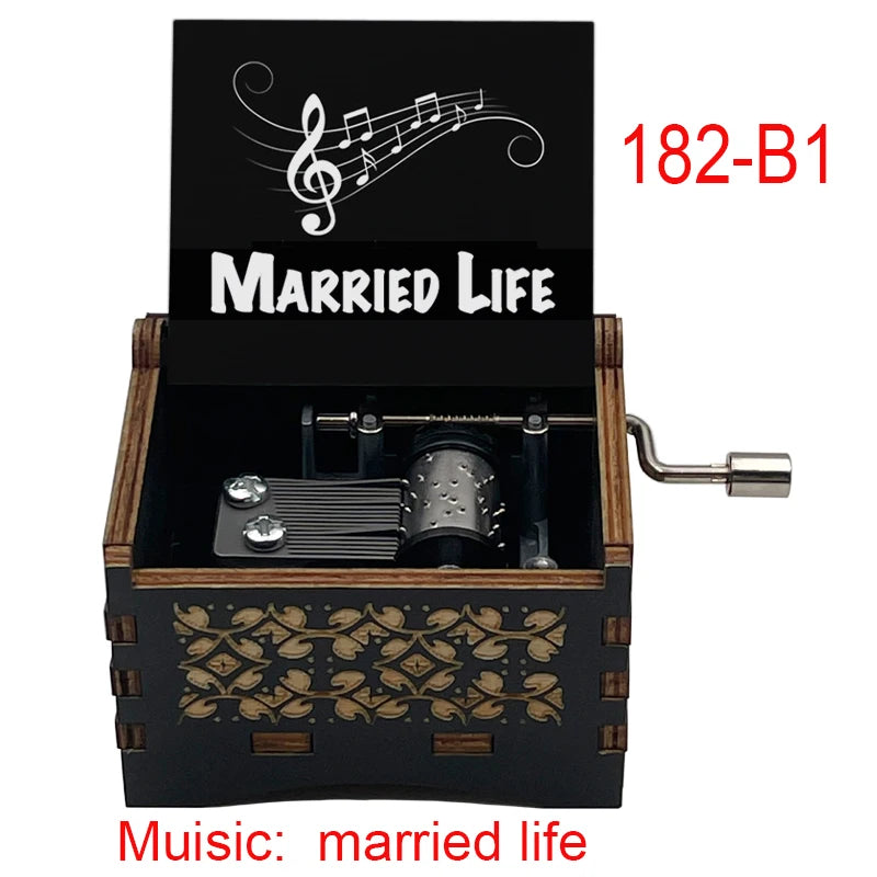 Ročno izdelana lesena glasbena škatlica 'Married Life' – ročno upravljana, omejena izdaja, klasična filmska melodija, popolno darilo za poroko, obletnico ali rojstni dan