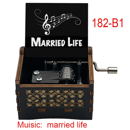 Ročno izdelana lesena glasbena škatlica 'Married Life' – ročno upravljana, omejena izdaja, klasična filmska melodija, popolno darilo za poroko, obletnico ali rojstni dan