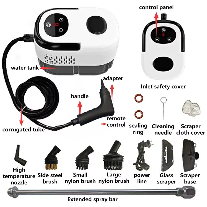 Visokotemperaturni parni čistilec 2500W – z zaslonom na dotik, za gospodinjstvo, klimatske naprave, kuhinjske nape, hitro segrevanje, avte