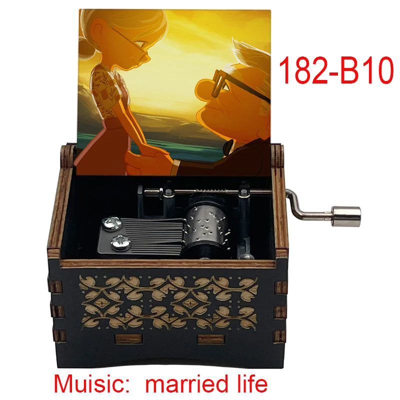 Ročno izdelana lesena glasbena škatlica 'Married Life' – ročno upravljana, omejena izdaja, klasična filmska melodija, popolno darilo za poroko, obletnico ali rojstni dan