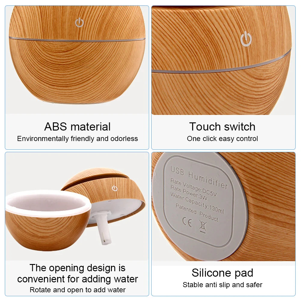 USB ultrazvočni vlažilnik zraka z eteričnimi olji – mini aroma difuzor z lesenim vzorcem, električni razpršilnik dišav in čistilec zraka