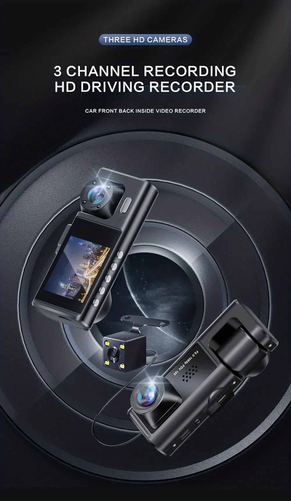 Avto kamera z nočnim IR vidom, zanko snemanja in 2" IPS zaslonom – 1080P, 3 kamere, DVR snemalnik