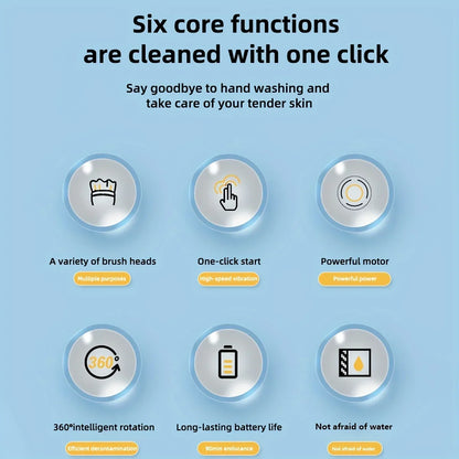 Električna rotacijska čistilna krtača z 5 zamenljivimi glavami – prenosna USB krtača za kopalnico, kuhinjo in dom